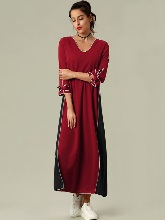 Sixsr Color Block Bow Sleeve Dress, Casual Half Sleeve Loose V-neck Dress, Women's Clothing