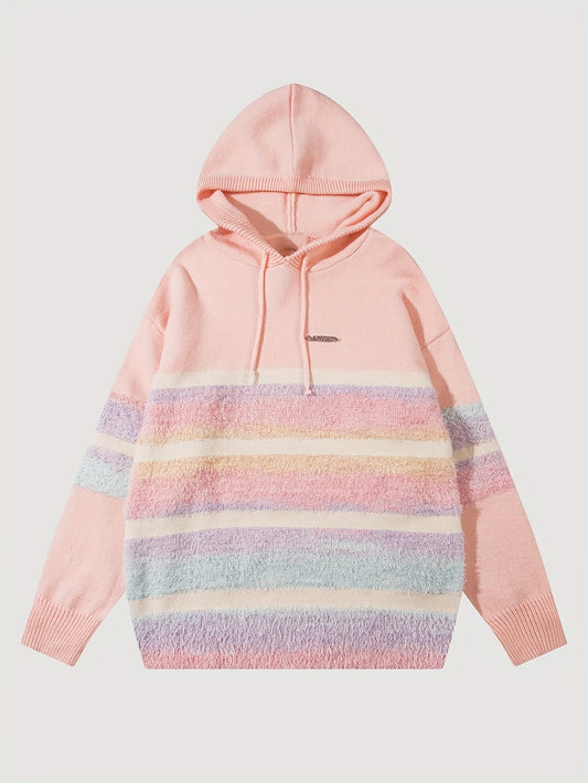 Sixsr Cool Knitted Sweater Hoodies For Men, Men's Casual Retro Striped Pullover Hooded Knit Sweater Streetwear For Winter Fall, As Gifts