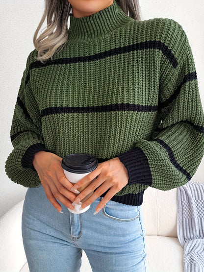 Sixsr Striped Color Block Crew Neck Sweater, Casual Long Sleeve Loose Fall Winter Knit Sweater, Women's Clothing