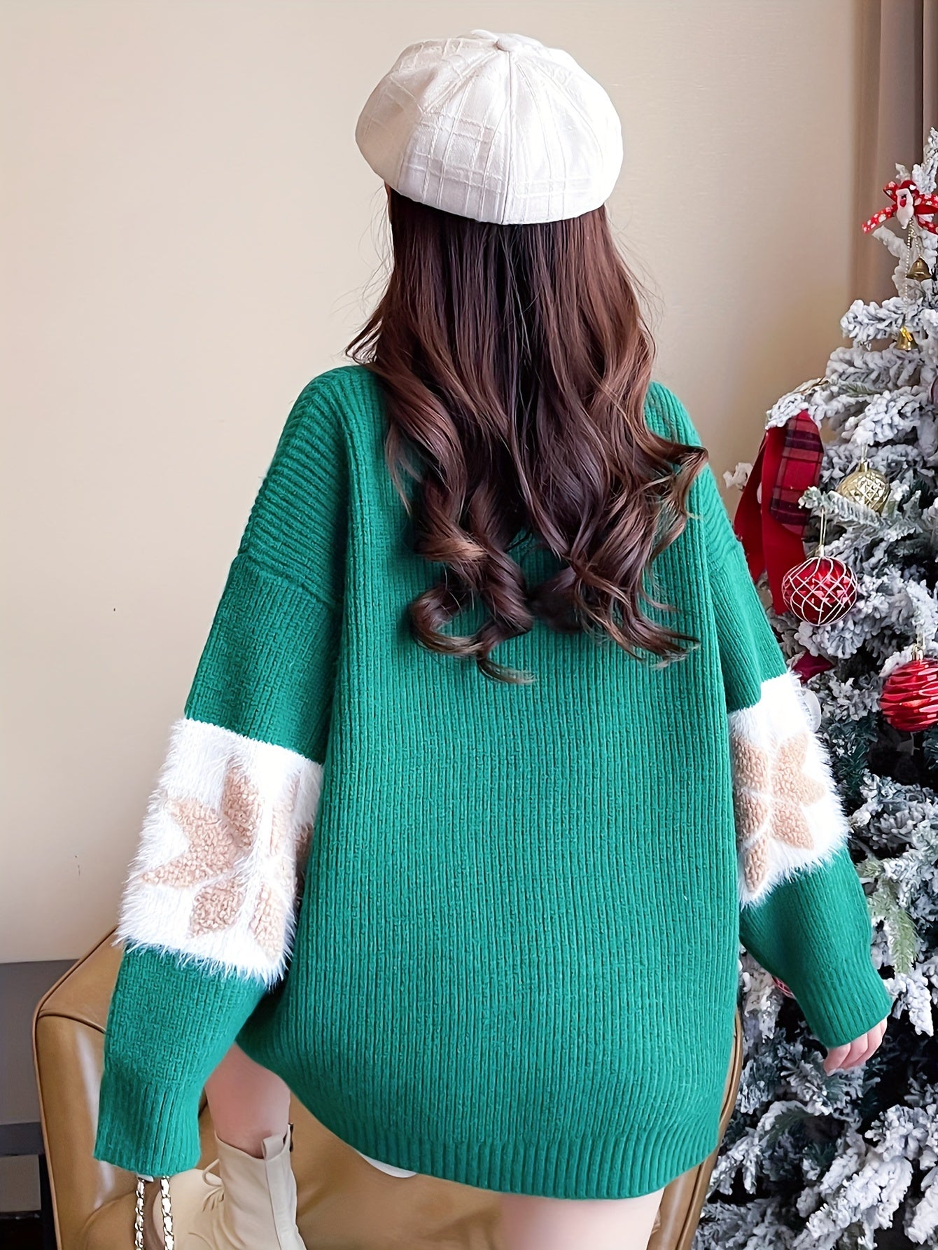 For Fall & Winter, Casual Long Sleeve Christmas Tree Decor Crew Neck Sweater, Women's Clothing