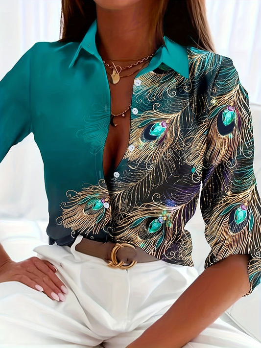 Sixsr Peacock Feather Print Shirt, Long Sleeve Button Up Casual Top For Fall & Spring, Women's Clothing