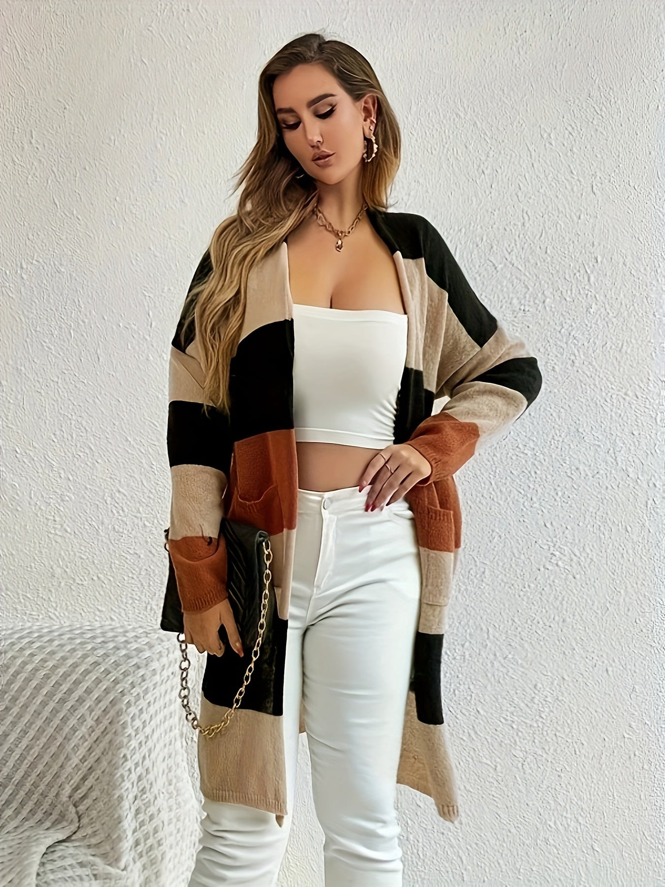 Color Block Striped Open Front Cardigan, Casual Long Sleeve Cardigan, Women's Clothing