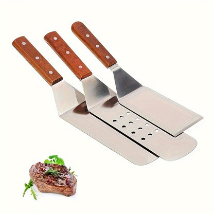 3pcs/set Stainless Steel Metal Spatula Set - Premium Burger Turner with Ergonomic Wooden Handle for Effortless Flipping, Perfect for Barbecue, Steak, Pizza, Kitchen Tools, Outdoor Camping Picnic, Cookware Barbecue Tool Accessories with Heat Resistant and