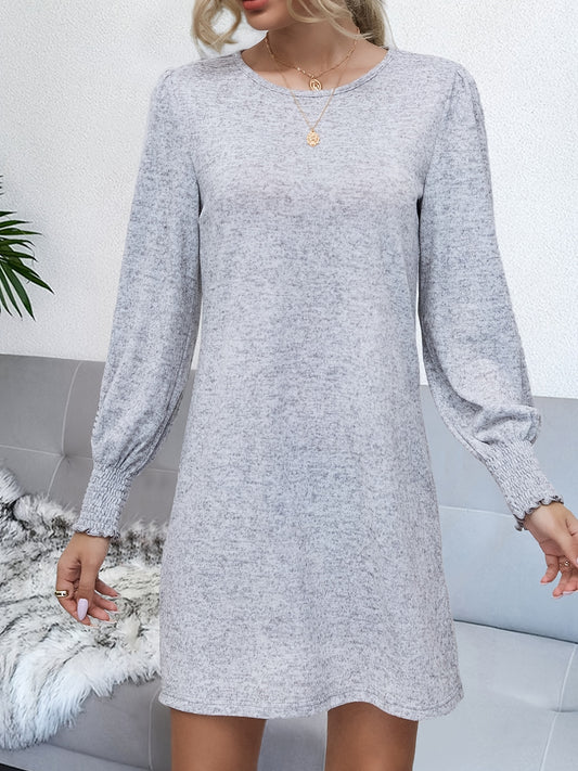 Sixsr Lantern Sleeve Simple Dress, Casual Crew Neck Loose All Match Mini Dress, Women's Clothing