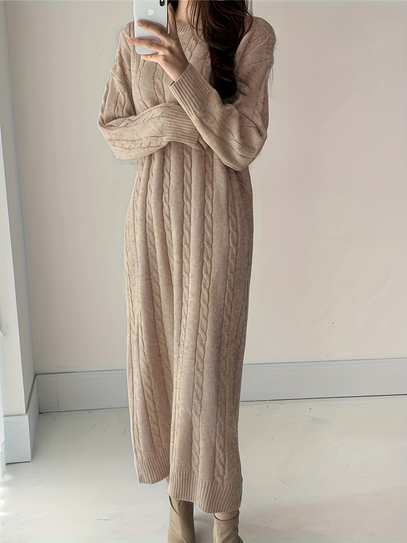 Sixsr Cable Knit Maxi Dress, Elegant Crew Neck Long Sleeve Dress, Women's Clothing