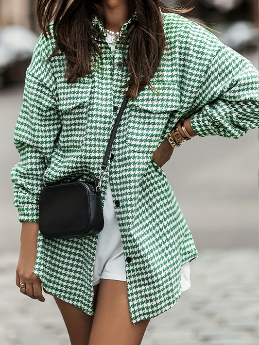 Sixsr Plus Size Casual Coat, Women's Plus Brushed Houndstooth Pattern Lapel Collar Button Up Shacket With Flap Pockets