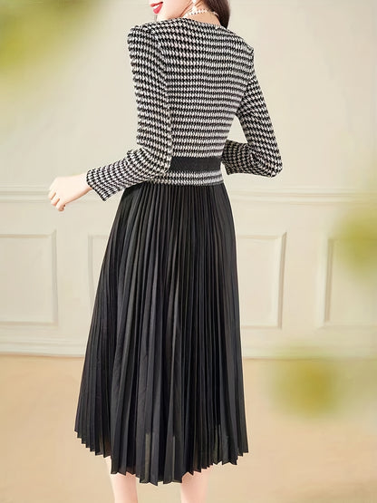Sixsr Houndstooth Print Pleated Dress, Elegant Crew Neck Short Sleeve Dress, Women's Clothing
