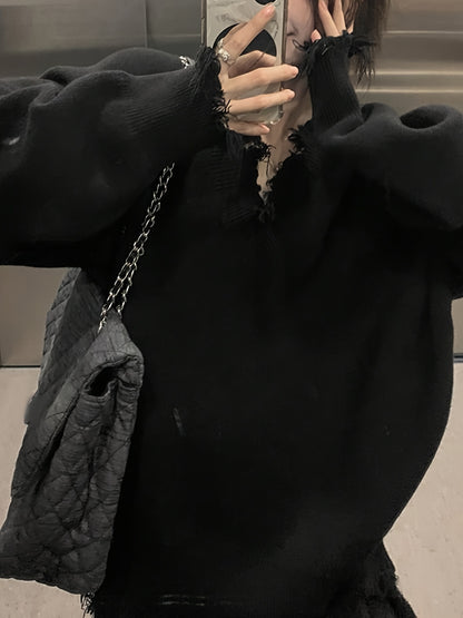 Sixsr Solid V Neck Pullover Sweater, Casual Ripped Long Sleeve Oversized Sweater, Women's Clothing