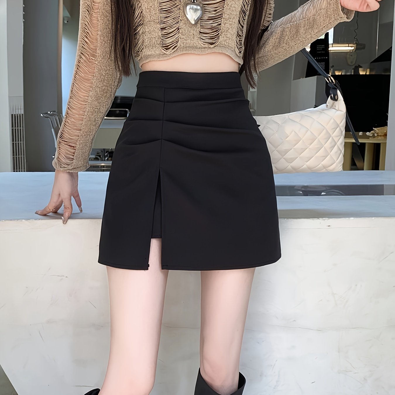 Sixsr  Solid High Waist Split Skirt, Casual Ruched A Line Mini Skirt, Women's Clothing