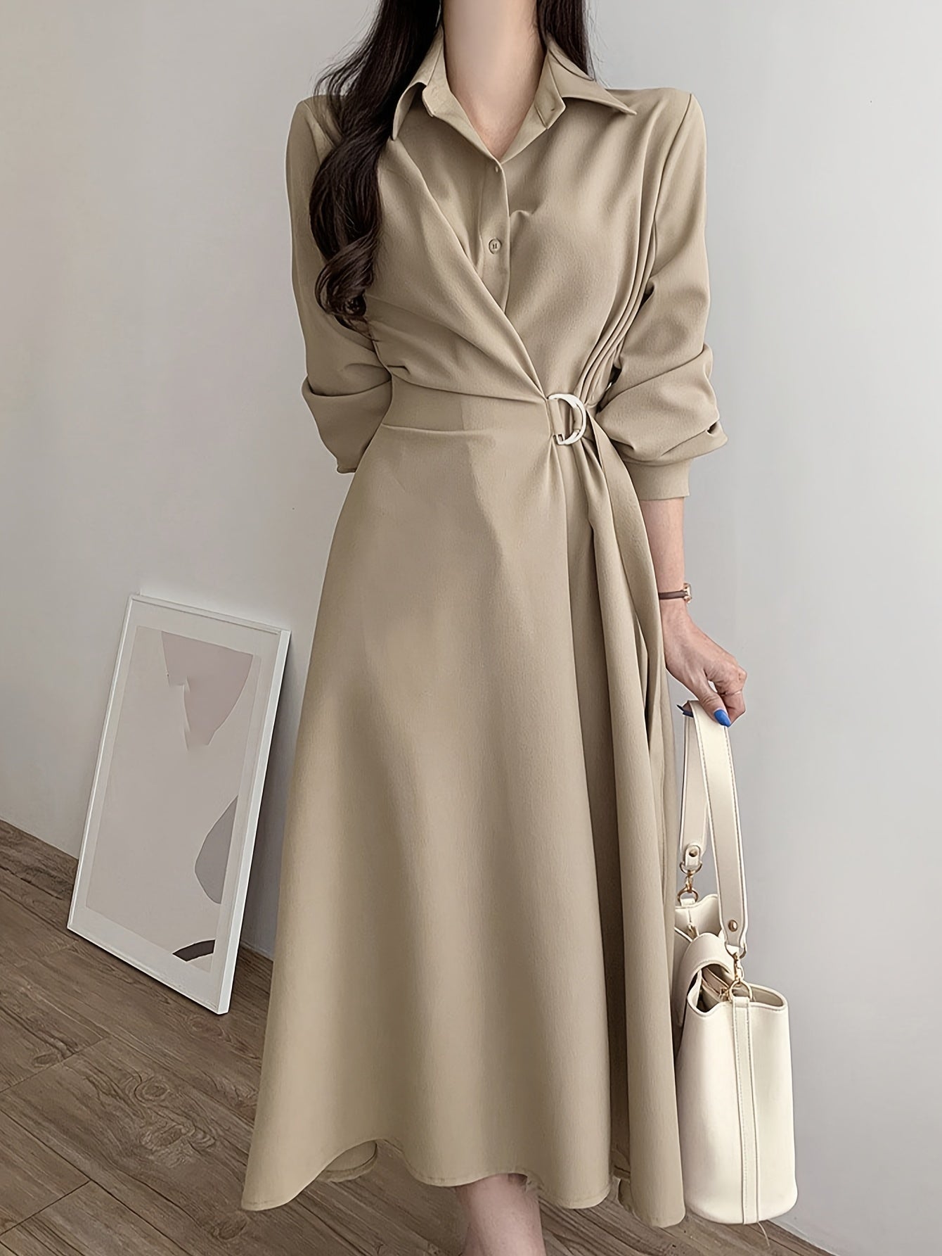 Sixsr A-line Button Front Dress, Elegant Long Sleeve Dress For Spring & Fall, Women's Clothing