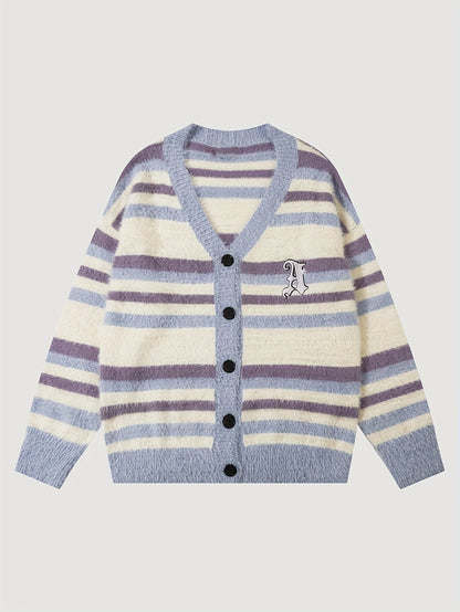 Sixsr Elegant Slightly Stretch Striped Cardigan Coat, Men's Casual Vintage Style V Neck Button Up Cardigan For Fall Winter