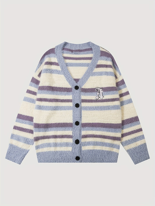 Sixsr Elegant Slightly Stretch Striped Cardigan Coat, Men's Casual Vintage Style V Neck Button Up Cardigan For Fall Winter