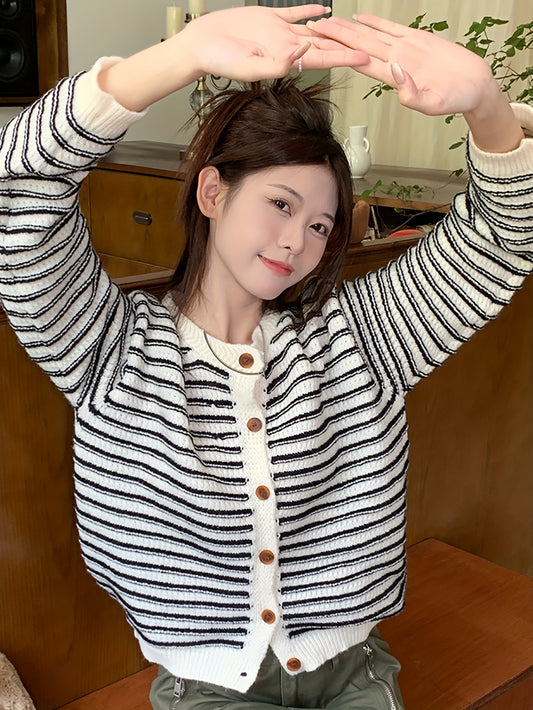 Sixsr Striped Button Down Knit Cardigan, Casual Long Sleeve Crew Neck Sweater, Women's Clothing