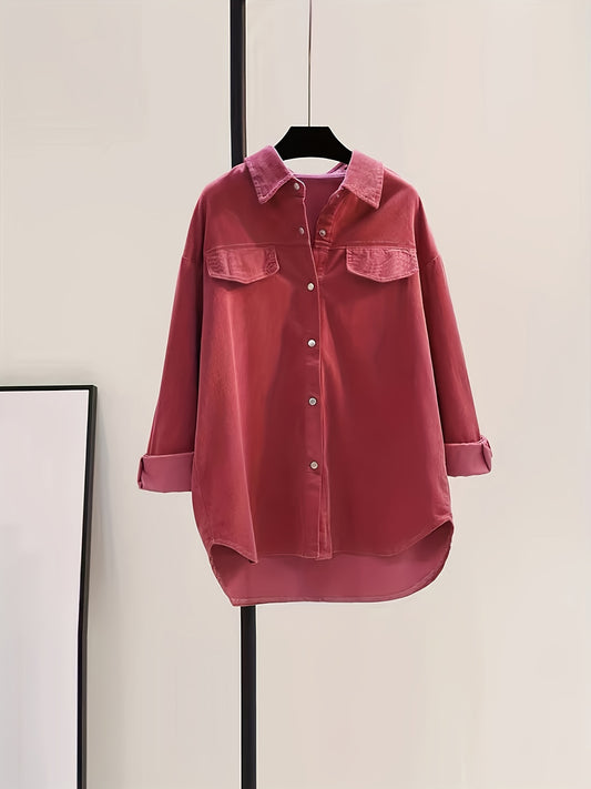 Sixsr Solid Button Front Corduroy Shirt, Versatile Long Sleeve Loose Shirt For Spring & Fall, Women's Clothing