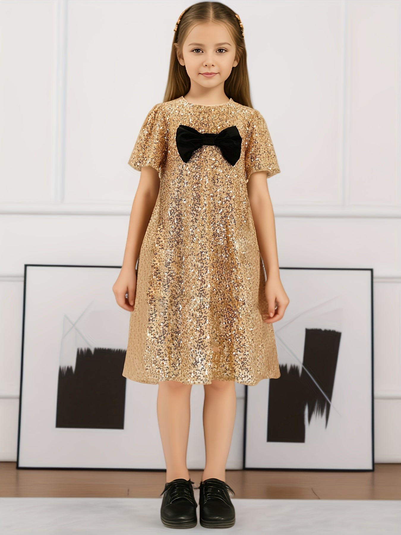 Cute Girls Sequin Bow Decor Short Sleeve Dress For Summer Party Performance Gift