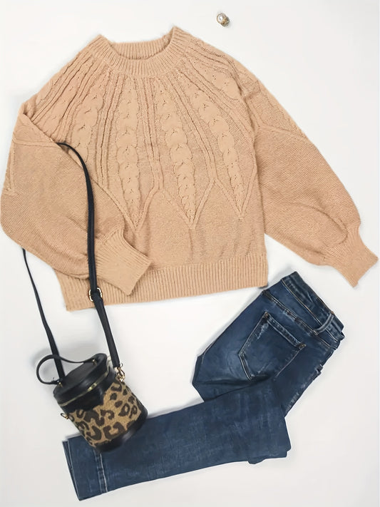 Sixsr Plus Size Casual Sweater, Women's Plus Plain Jacquard Long Sleeve Round Neck Pullover Jumper