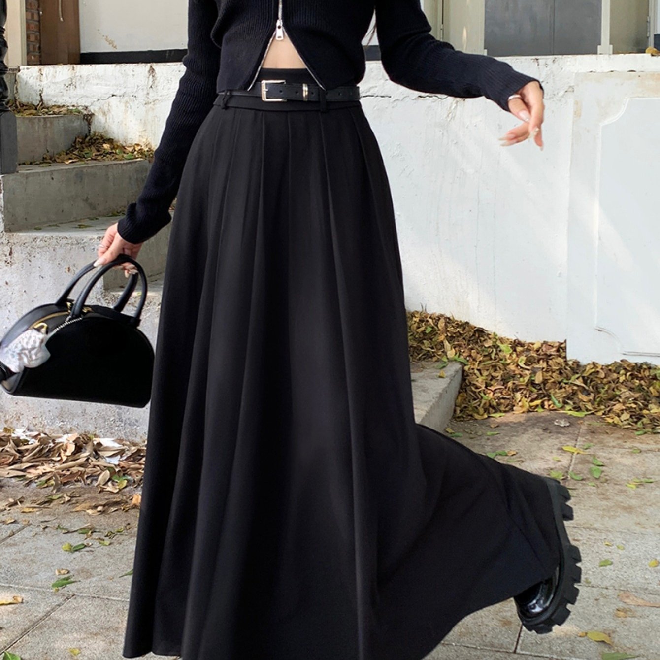 Sixsr Maxi Length Belt Skirt, Elegant Solid Color A-line Skirt, Women's Clothing