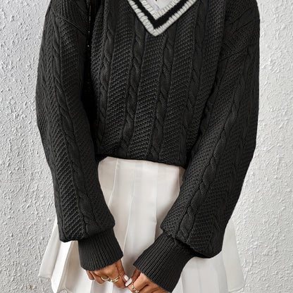 Sixsr Cable Knit V Neck Pullover Sweater, Casual Long Sleeve Loose Sweater, Women's Clothing