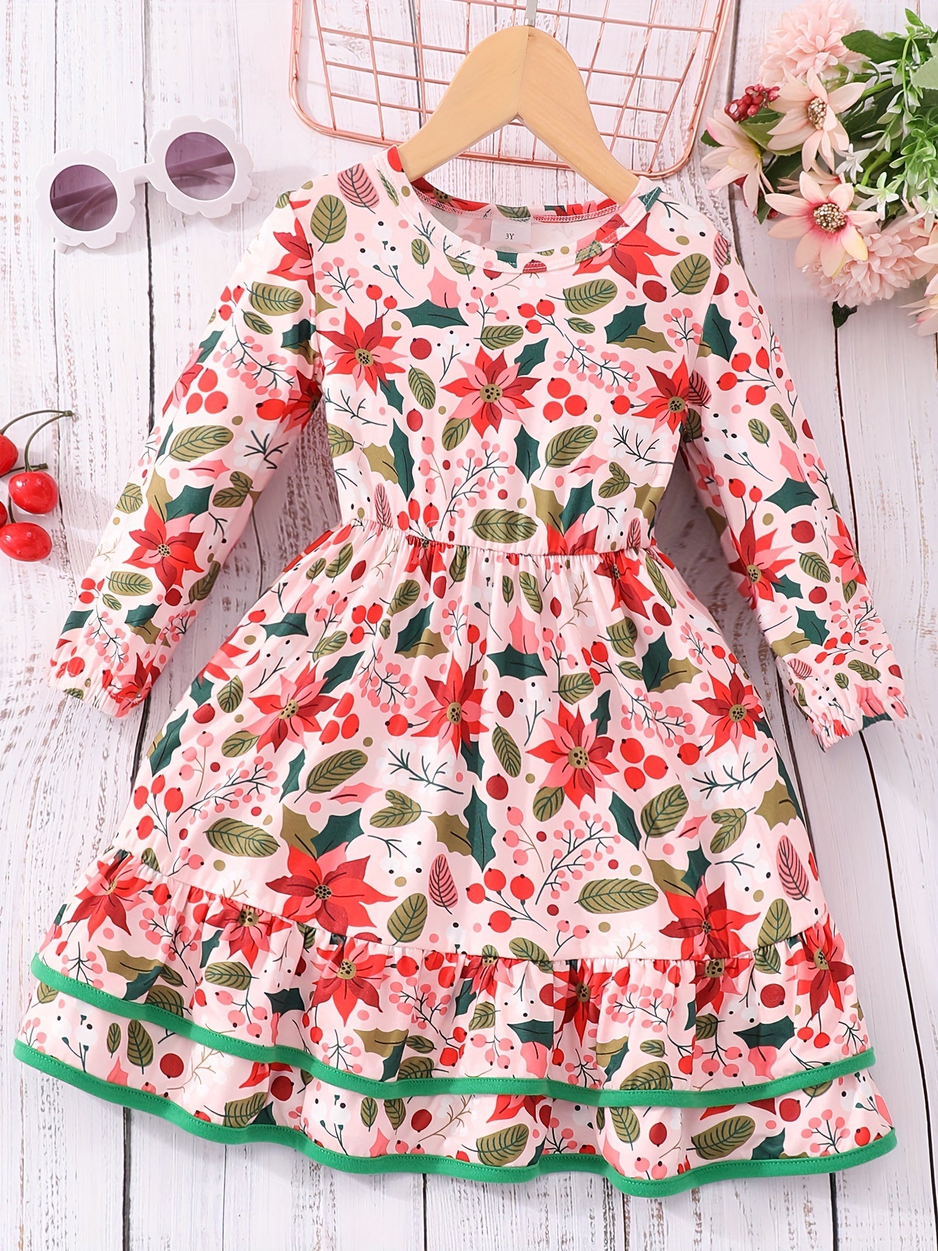 Long Sleeve Girls Stylish Dress with Allover Leaves/Houses/Animals/Cartoon/Santa Claus/Plaid Pattern and Layered Hem for Fall & Winter Christmas Party