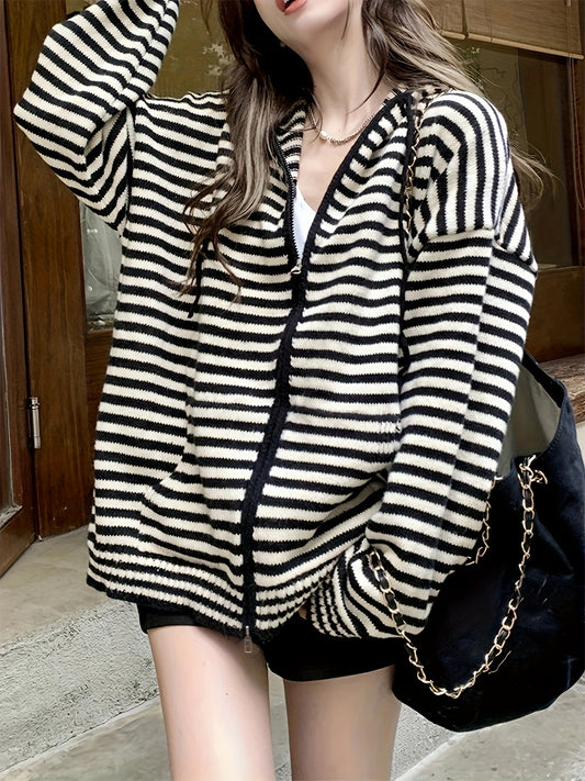 Sixsr Striped Pattern Zip Up Hooded Cardigan, Vintage Drawstring Long Sleeve Cardigan For Fall & Winter, Women's Clothing
