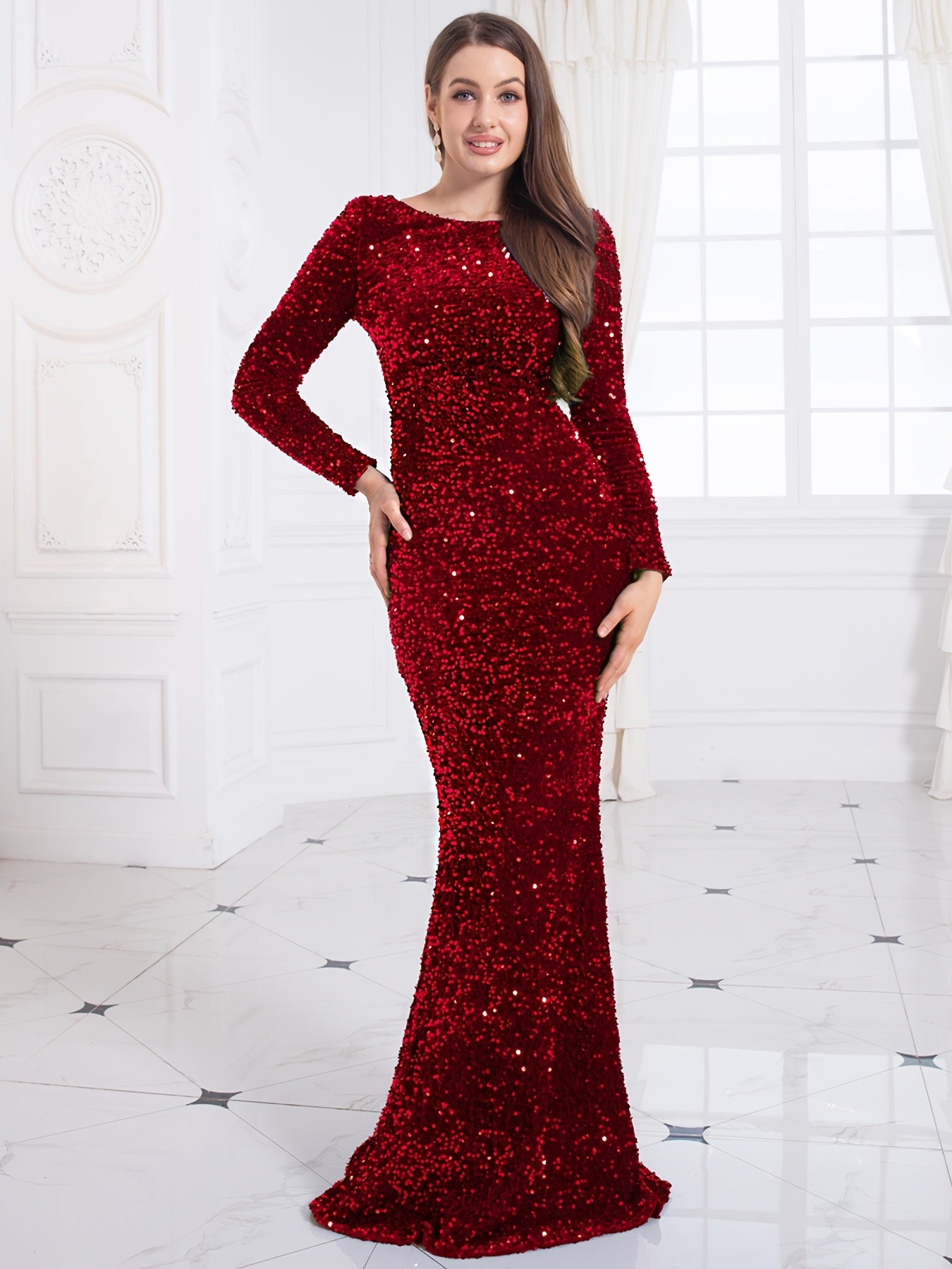 Sixsr Contrast Sequin Mermaid Hem Dress, Elegant Long Sleeve Evening Party Dress, Women's Clothing