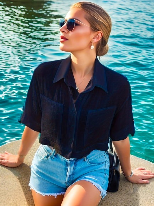 Sixsr Versatile Crop Shirt, Button Down Short Sleeve Shirt, Casual Every Day Tops, Women's Clothing