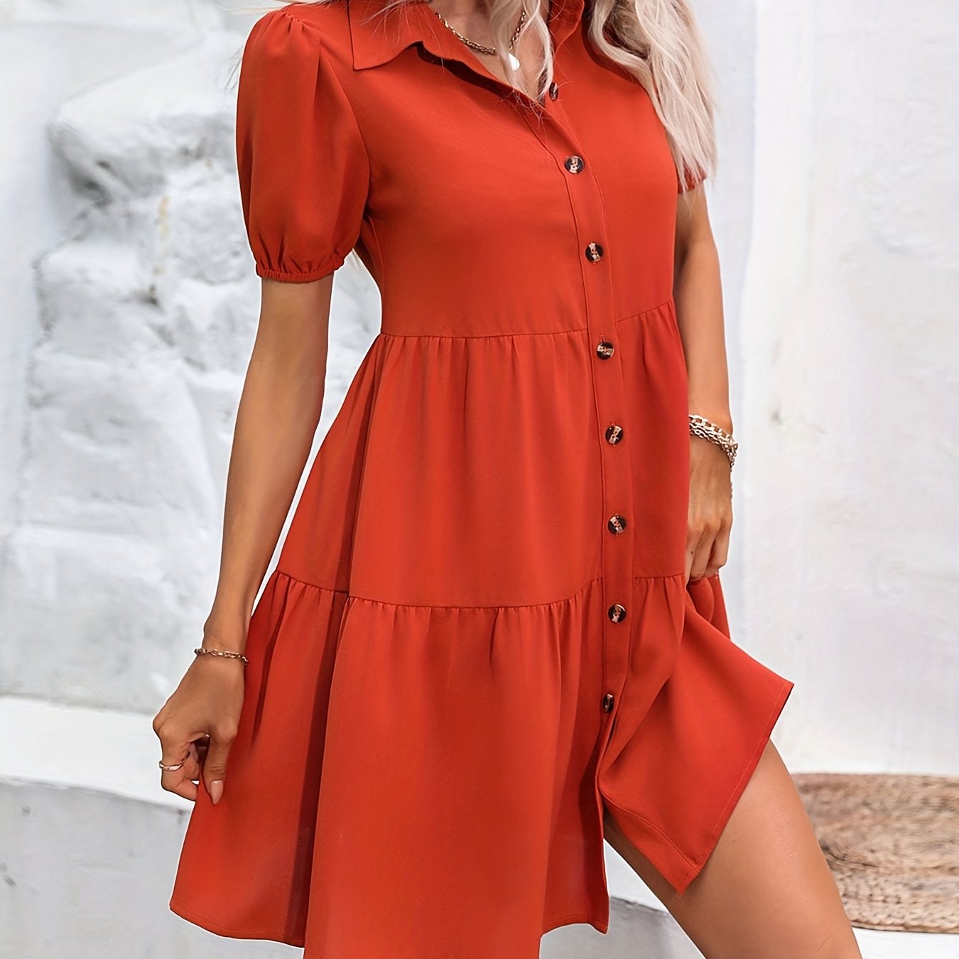 Sixsr Button Front Ruched Dress, Casual Short Sleeve Mini Dress With A Collar, Women's Clothing