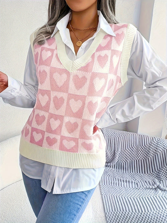 Sixsr Heart Print V Neck Vest, Elegant Sleeveless Sweater For Spring & Fall, Women's Clothing