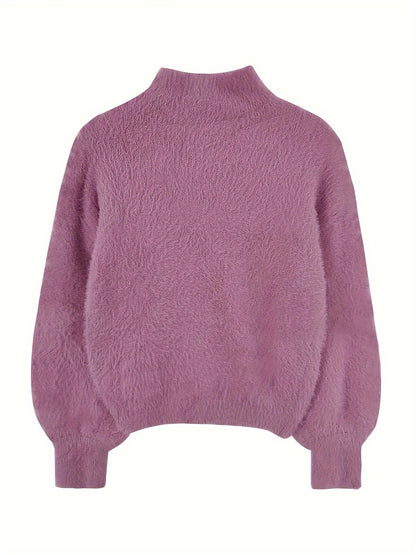 Sixsr Solid Mock Neck Plush Pullover Sweater, Casual Ong Sleeve Cozy Sweater, Women's Clothing