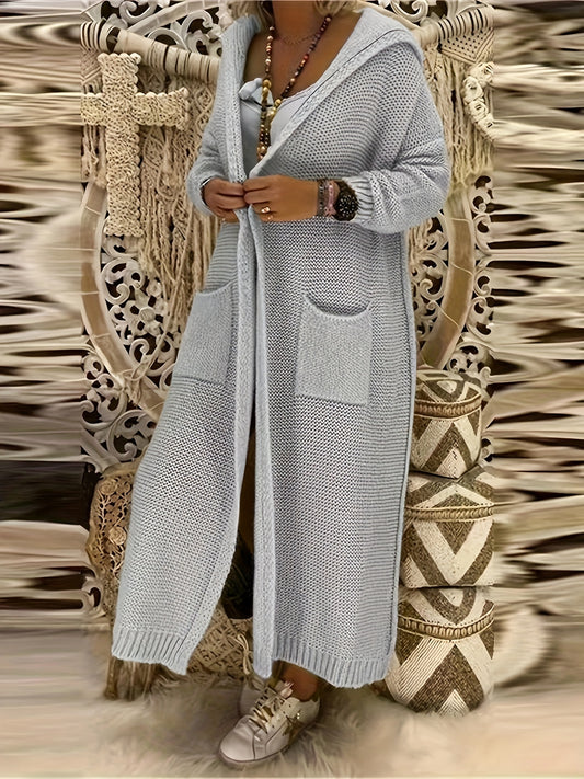 Sixsr Solid Open Front Hooded Knit Cardigan, Casual Long Sleeve Long Length Sweater With Pocket, Women's Clothing