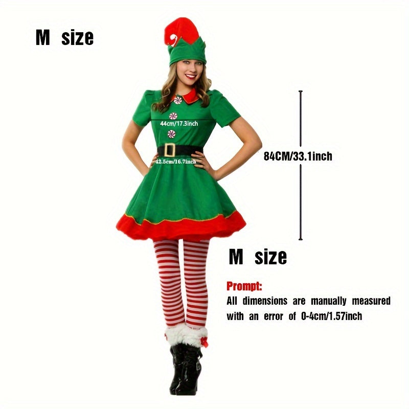 4PCS Women's Christmas Elf Costume Set - Polyester Elf Dress, Hat, Belt, Striped Stockings for Holiday Parties & Halloween - Universal Adult Novelty Outfit without Feathers, No Electricity Required