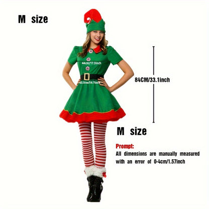 4PCS Women's Christmas Elf Costume Set - Polyester Elf Dress, Hat, Belt, Striped Stockings for Holiday Parties & Halloween - Universal Adult Novelty Outfit without Feathers, No Electricity Required