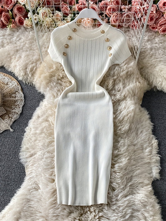 Sixsr Solid Buttons Dress, Elegant Crew Neck Short Sleeve Bodycon Dress, Women's Clothing