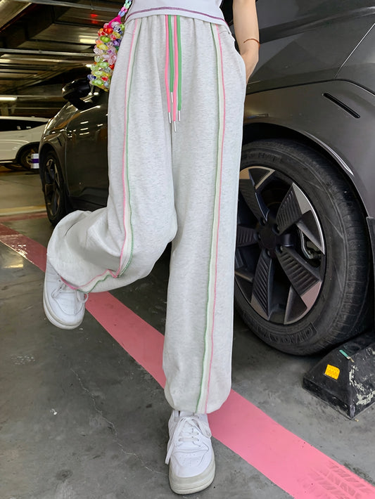 Sixsr Top-stitching Baggy Jogger Pants, Casual Drawstring Sporty Pants With Pocket, Women's Clothing
