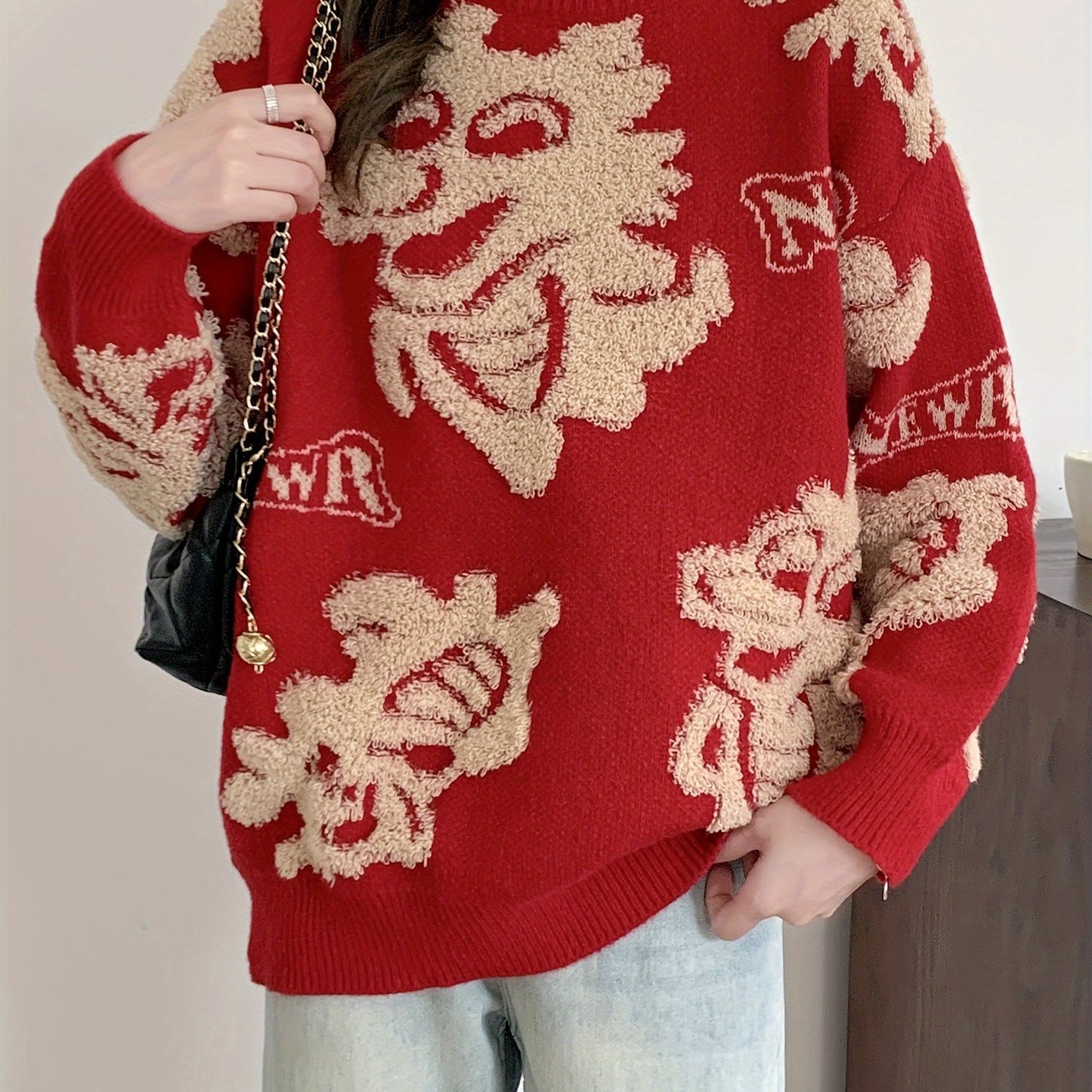 Sixsr Dragon Pattern Crew Neck Pullover Sweater, Casual Long Sleeve Loose Fall Winter Sweater, Women's Clothing