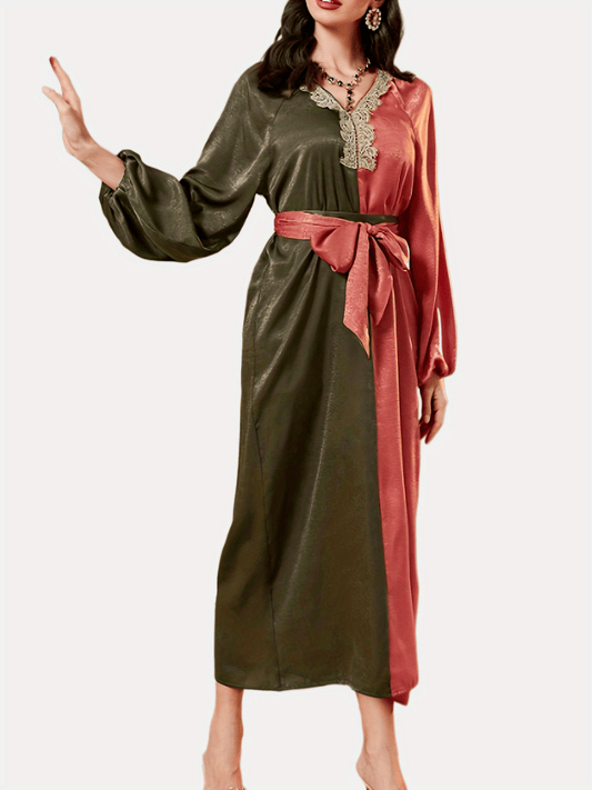 Sixsr Color Block Lace Trim Belted Dress, Elegant V-neck Lantern Sleeve Dress For Spring & Fall, Women's Clothing