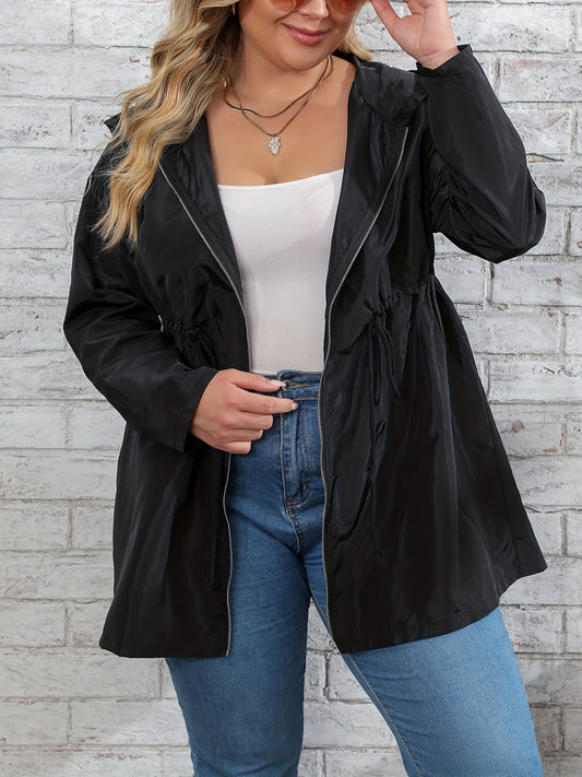 Sixsr Plus Size Casual Coat, Women's Plus Solid Zipper Long Sleeve Hoodie Drawstring Tunic Coat
