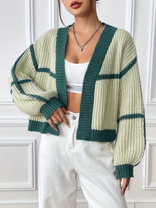 Sixsr Contrast Trim Simple Crop Knit Cardigan, Casual Open Front Lantern Sleeve Sweater, Women's Clothing