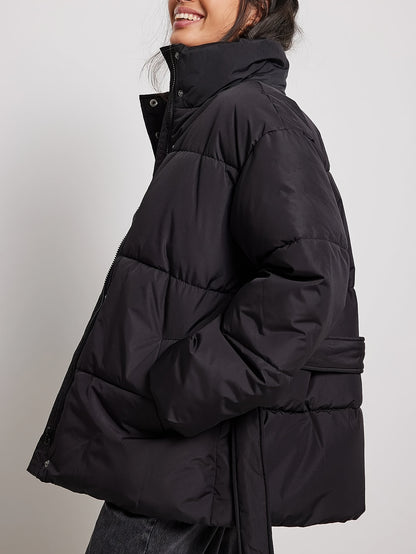 Sixsr Solid Zip & Button Front Coat, Casual Stand Collar Long Sleeve Winter Warm Outerwear, Women's Clothing