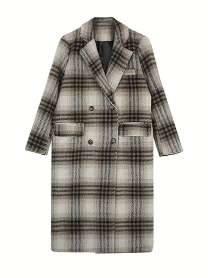 Sixsr Plaid Print Double-breasted Coat, Casual Long Sleeve Notched Collar Coat For Fall & Winter, Women's Clothing