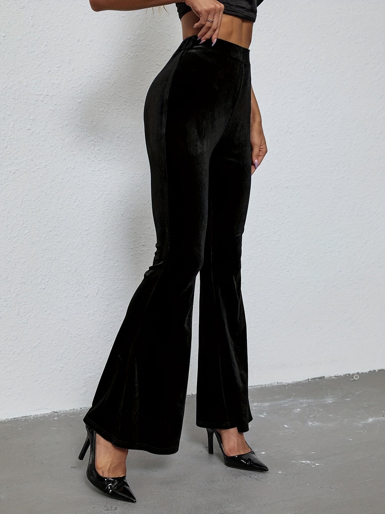 Sixsr Solid Velvet Flare Leg Pants, Casual Elastic Slim Pants For Spring & Fall, Women's Clothing