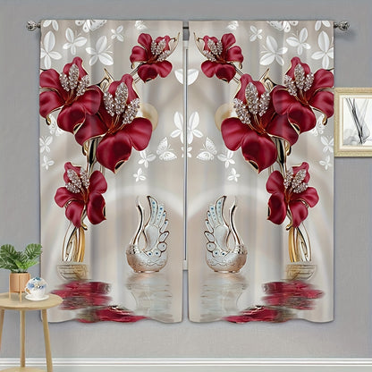 2pcs Floral Printed Curtains, Rod Pocket Window Drapes, Window Treatments For Bedroom Living Room, Home Decoration, Room Decoration