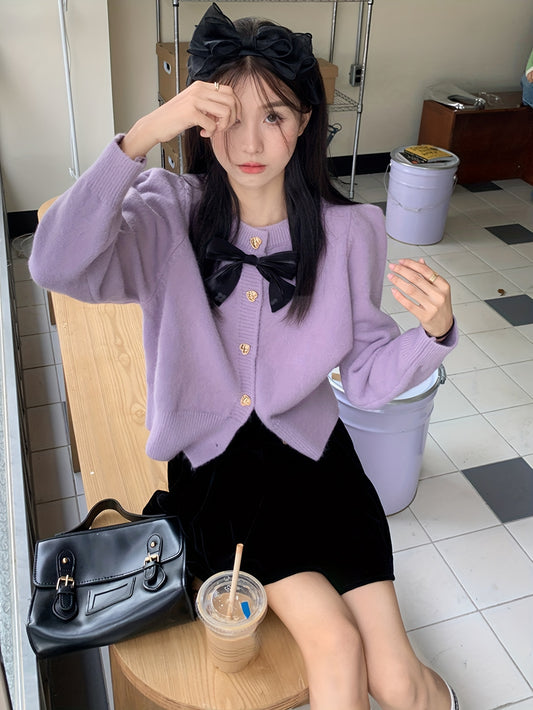 Sixsr Bow Button Up Knit Cardigan, Casual Long Sleeve Solid Sweet Sweater, Women's Clothing