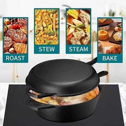 1PC Premium Cast Iron Combo Cooker Set - Non-Stick, Heat-Resistant, Pre-Seasoned, Durable, Versatile Stew and Frying Pans with Comfort-Grip Handles (Black)