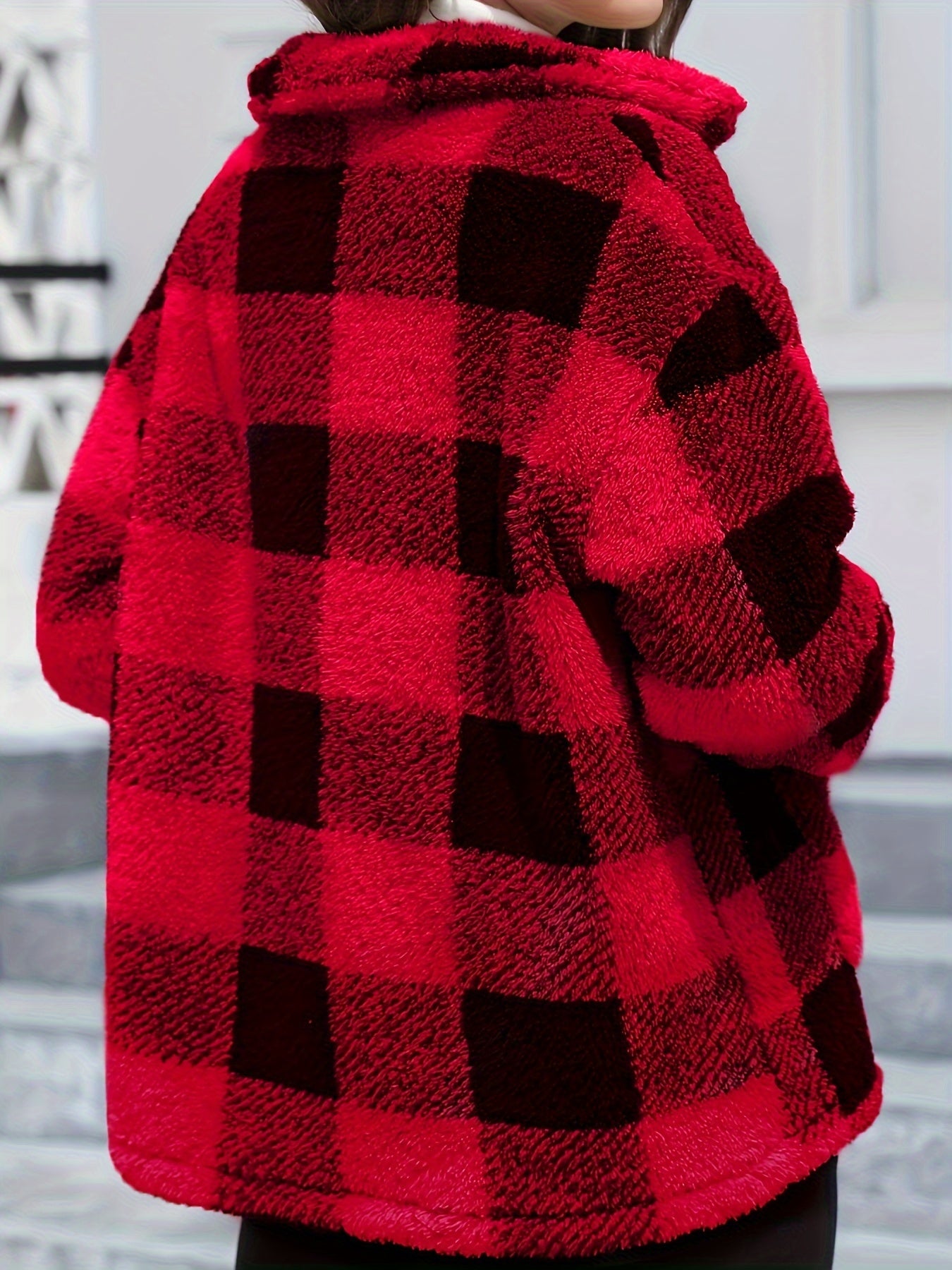 Sixsr Plaid Print Patched Pockets Teddy Coat, Versatile Long Sleeve Single Breasted Winter Outwear, Women's Clothing