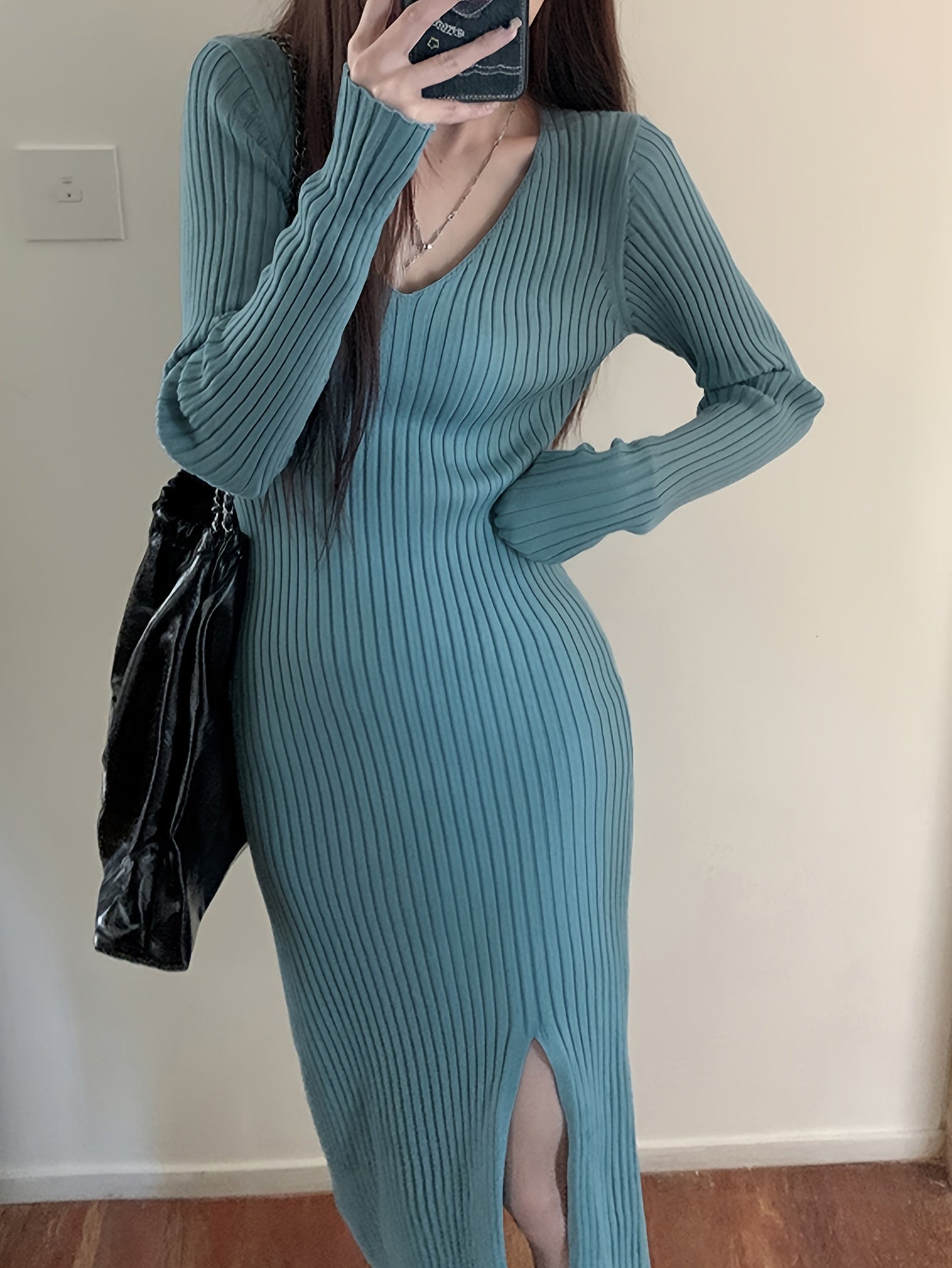 Sixsr Solid Rib-knit Split Hem Sweater Dress, Long Sleeve V-neck Casual Dress, Women's Clothing