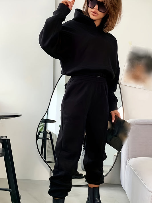 Sixsr Casual Two-piece Set, Solid Hoodie & Elastic Waist Jogger Pants Outfits, Women's Clothing