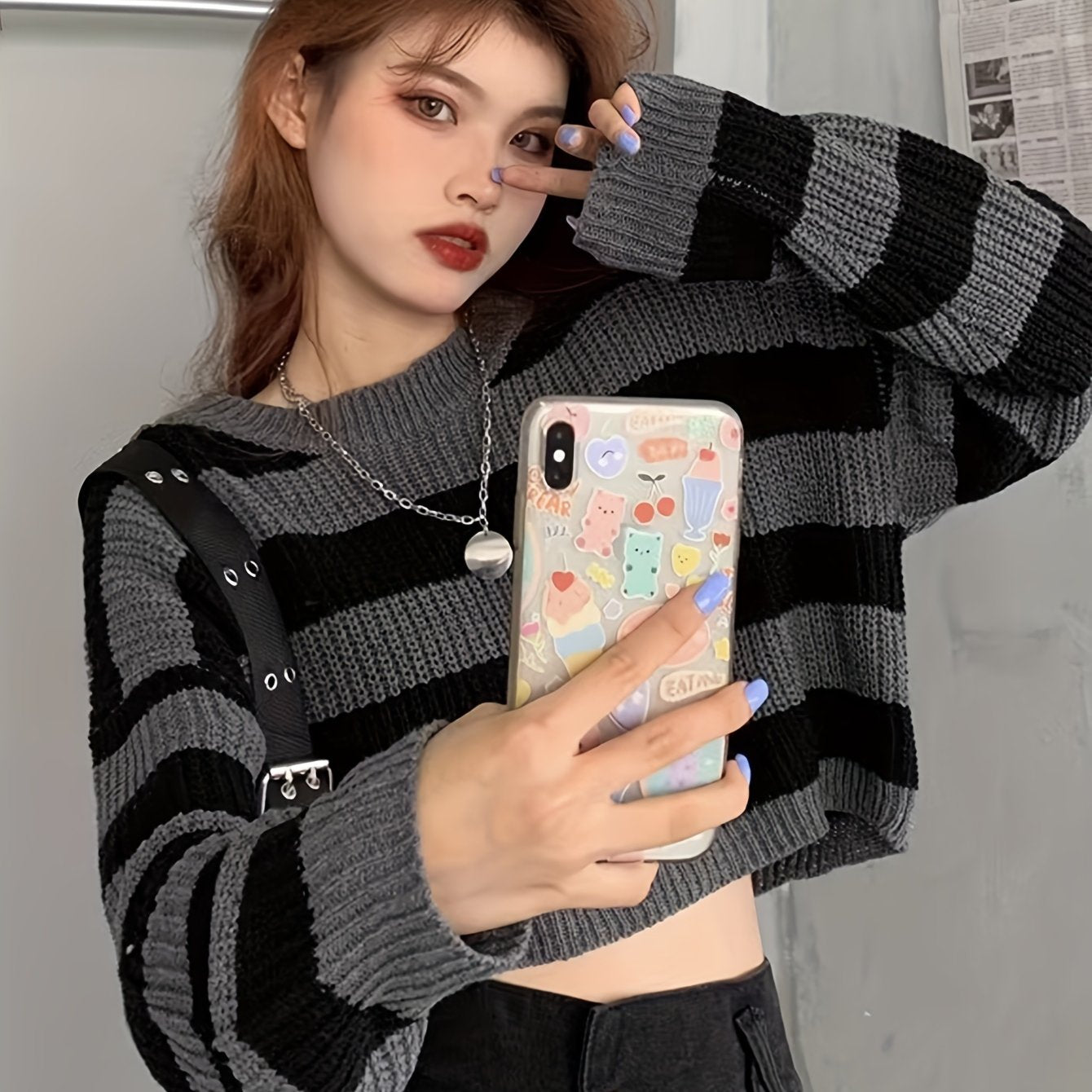 Sixsr Striped Crew Neck Pullover Sweater, Casual Long Sleeve Loose Crop Sweater, Women's Clothing