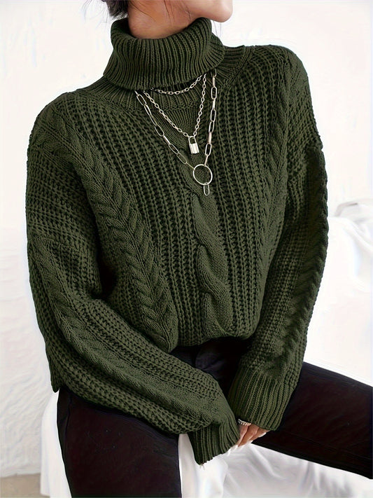 Sixsr Cable Knitted Turtle Neck Sweater, Casual Long Sleeve Sweater For Fall & Winter, Women's Clothing