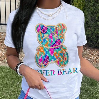 Bear Print Crew Neck T-Shirt, Casual Short Sleeve T-Shirt For Spring & Summer, Women's Clothing